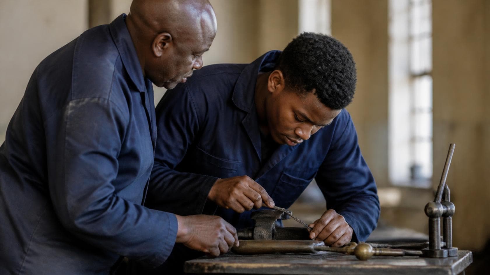 An experienced artisan guiding a young learner through a task at a workbench