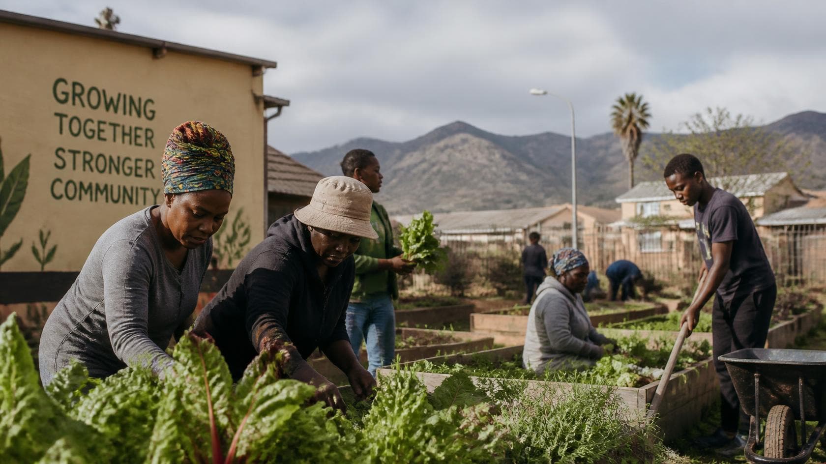 Members of a community food garden tending raised vegetable beds